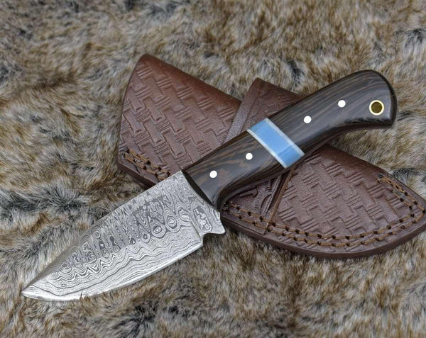 Mangler Damascus Skinnig Knife with Exotic Wenge Wood & Turquoise Handle - Gifts for You 'n Me