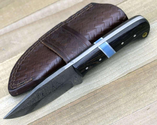 Mangler Damascus Skinnig Knife with Exotic Wenge Wood & Turquoise Handle - Gifts for You 'n Me