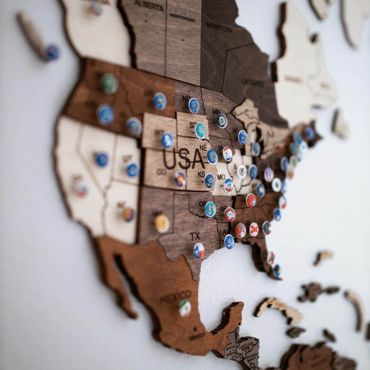 Wall Decor Bundle: 3D Wooden World Map with Flag Pins