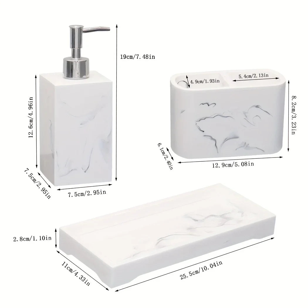 Marble Look Bathroom Accessory Set, 3pcs Includes Soap Dispenser, Toothbrush Holder, and Tray for Home, Restroom, Apartment Decor - Other Material
