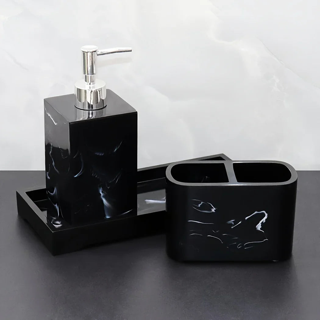 Marble Look Bathroom Accessory Set, 3pcs Includes Soap Dispenser, Toothbrush Holder, and Tray for Home, Restroom, Apartment Decor - Other Material