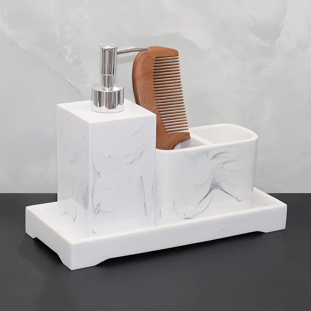 Marble Look Bathroom Accessory Set, 3pcs Includes Soap Dispenser, Toothbrush Holder, and Tray for Home, Restroom, Apartment Decor - Other Material
