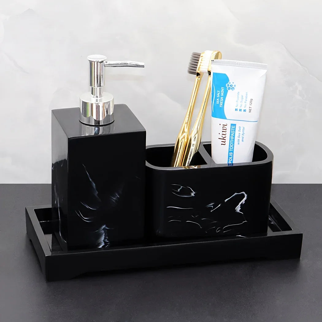 Marble Look Bathroom Accessory Set, 3pcs Includes Soap Dispenser, Toothbrush Holder, and Tray for Home, Restroom, Apartment Decor - Other Material