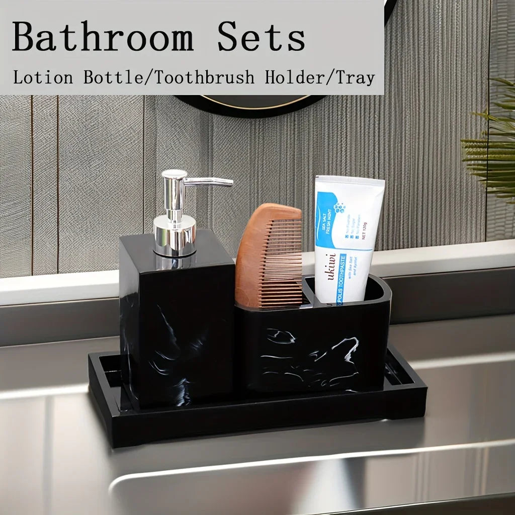 Marble Look Bathroom Accessory Set, 3pcs Includes Soap Dispenser, Toothbrush Holder, and Tray for Home, Restroom, Apartment Decor - Other Material
