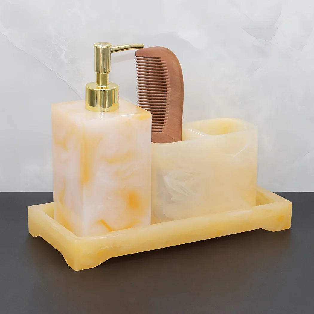 Marble Look Bathroom Accessory Set, 3pcs Includes Soap Dispenser, Toothbrush Holder, and Tray for Home, Restroom, Apartment Decor - Other Material