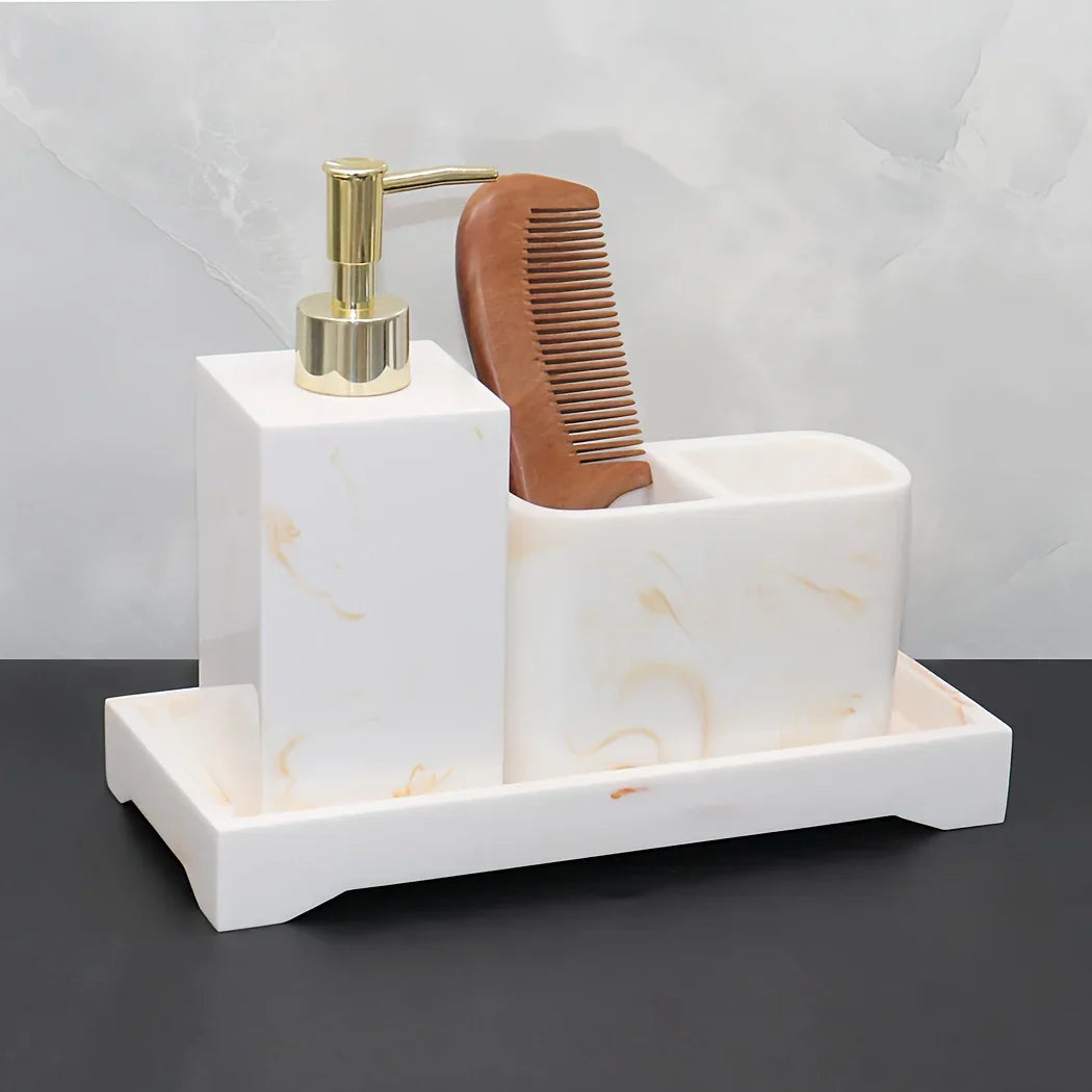 Marble Look Bathroom Accessory Set, 3pcs Includes Soap Dispenser, Toothbrush Holder, and Tray for Home, Restroom, Apartment Decor - Other Material