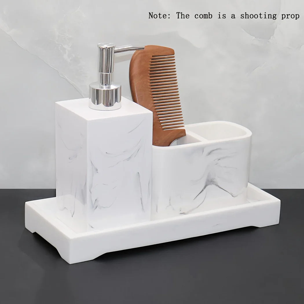 Marble Look Bathroom Accessory Set, 3pcs Includes Soap Dispenser, Toothbrush Holder, and Tray for Home, Restroom, Apartment Decor - Other Material