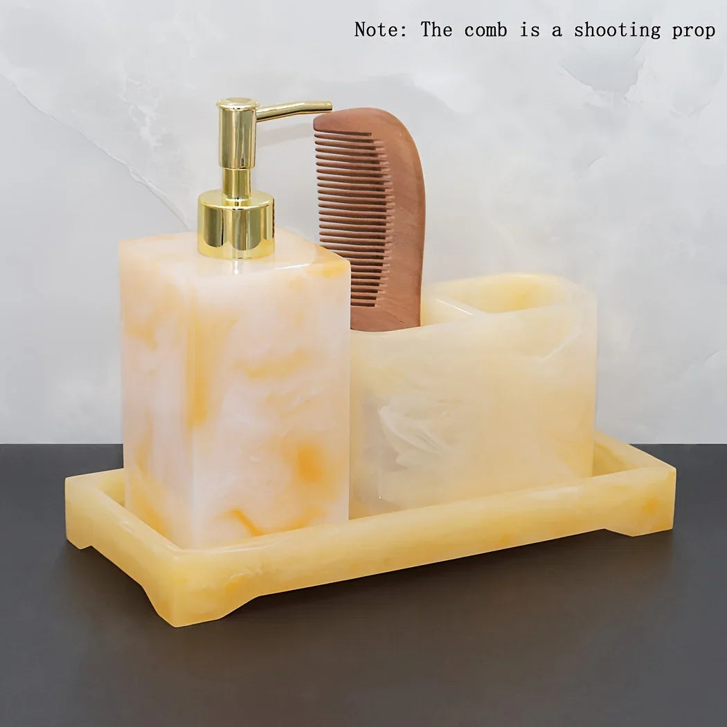 Marble Look Bathroom Accessory Set, 3pcs Includes Soap Dispenser, Toothbrush Holder, and Tray for Home, Restroom, Apartment Decor - Other Material