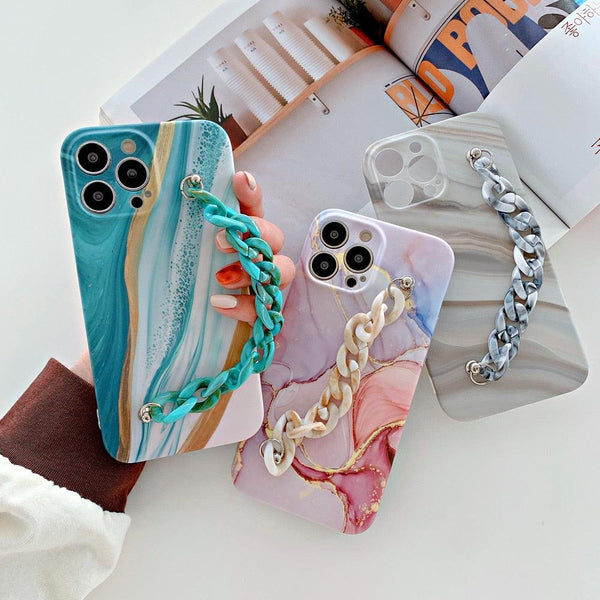 Marble Wriststrap Bracelet Chain Phone Case For iPhone 14 13 Pro Max 12 11 XS XR X 7 8 Plus SE 2020 Silicone Back Cover Colorful Silicone Fashion Pattern Ultra Thin Slim Bumper Shockproof Protective Case with Chain Wrist Strap Marble Iphone Case