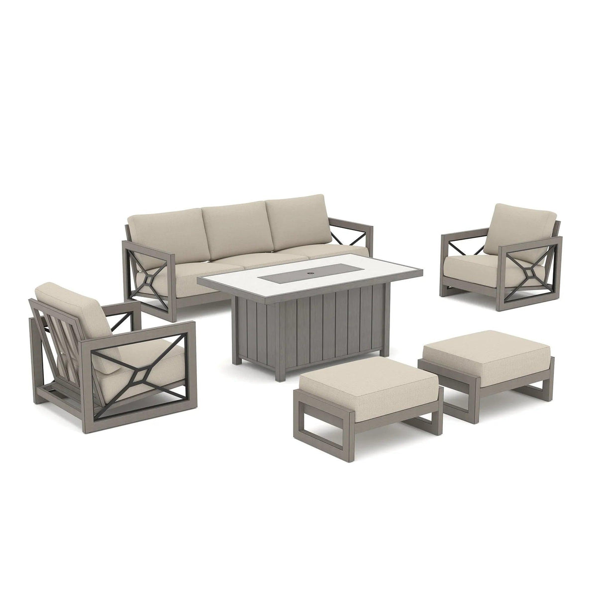 Marindo 6-Piece Faux-Wood Aluminum Patio Set with Fire Pit and Ottomans