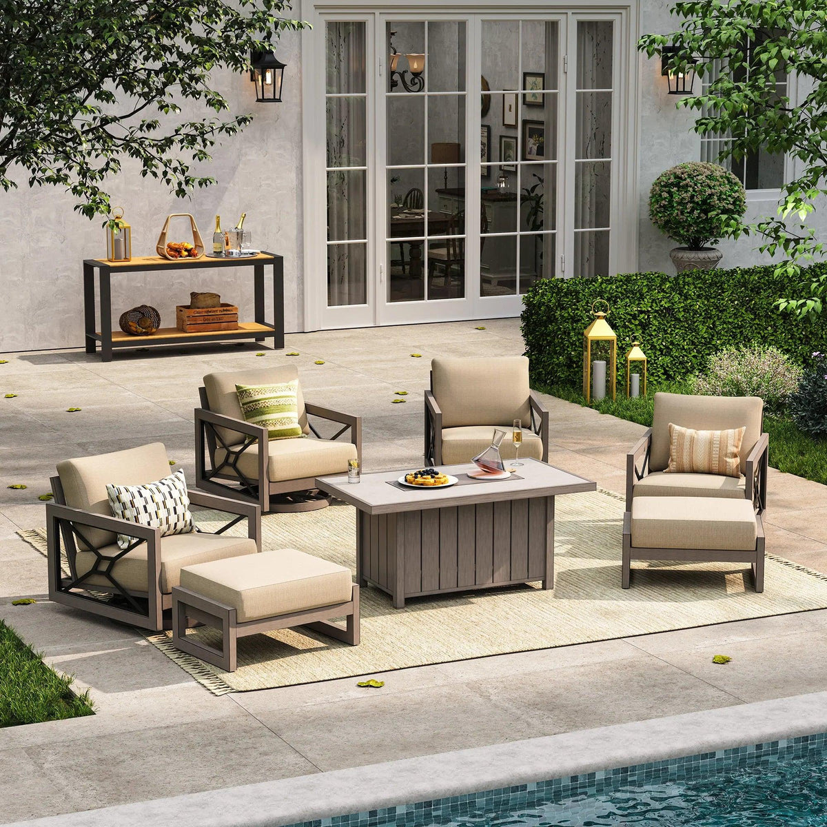 Marindo 7-Piece Aluminum Patio Conversational Swivel Eco-Lounge with Fire Table