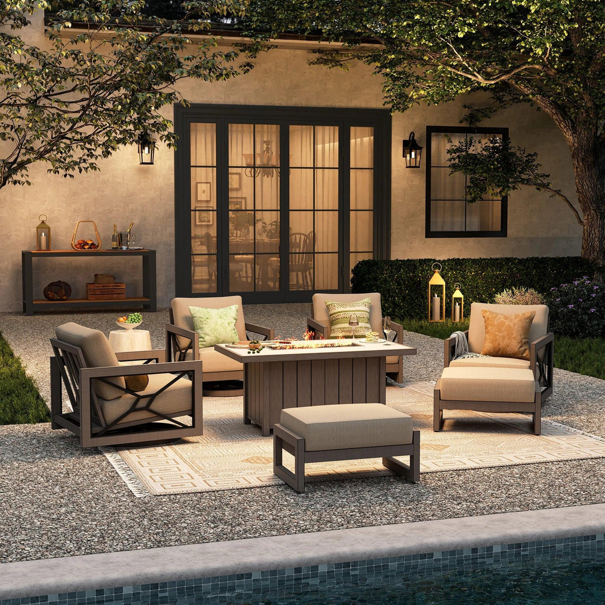 Marindo 7-Piece Aluminum Patio Conversational Swivel Eco-Lounge with Fire Table