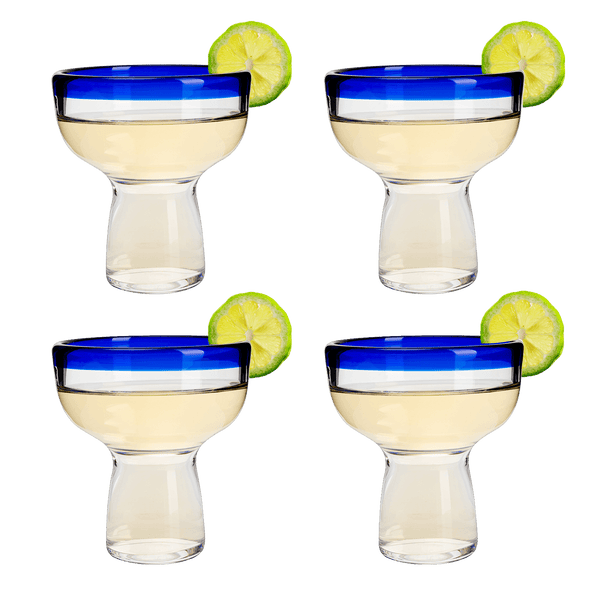 Mexican Hand Blown Blue Rim Margarita Glasses - Set of 4 - Stemless Glass Luxury Hand Blown Mexico Margarita, Martini & Champagne Glasses Cinco de Mayo Glass, Large Party Cobalt Mexico Blue Rim Design