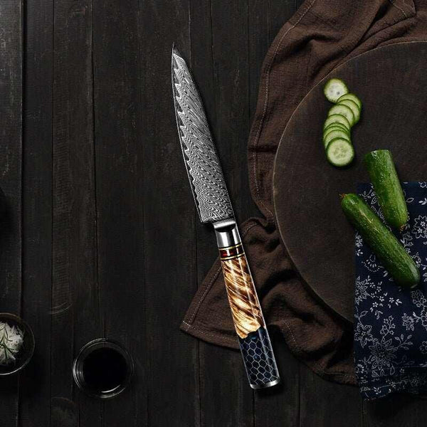 Maverick VG10 Chef Knife Damascus Petty Knife with Exotic Olive Wood Handle - Gifts for You 'n Me