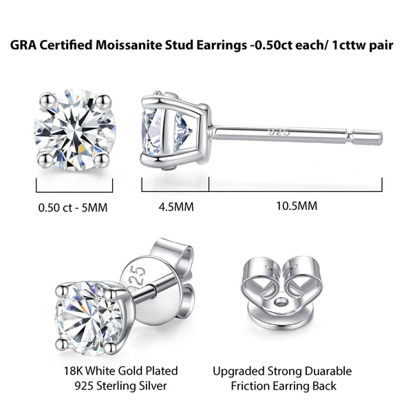 Lavishe Moissanite Stud Earrings GRA-Certified Lab Created Diamond 18K Gold Plated 925 Sterling Silver Earrings - Gifts for You 'n Me