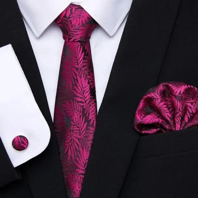 Men Elegant Red Silk Tie Classic Necktie Cufflinks Set Business Necktie With Handkerchief Perfect Match With Wedding Suit