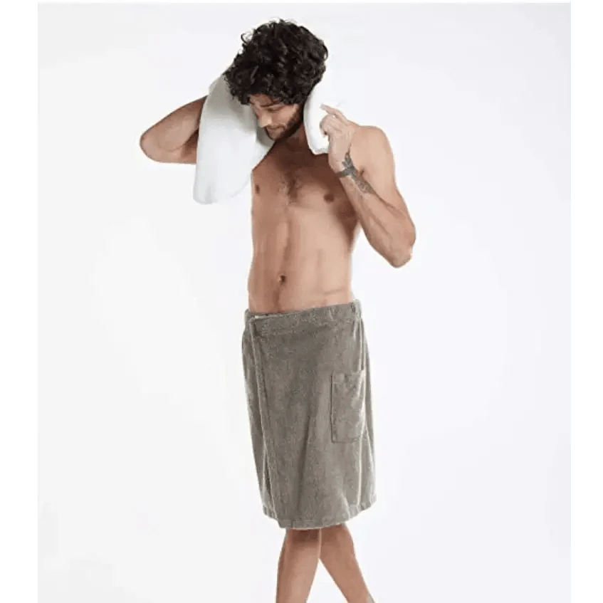 Men Plush Fleece Wrap Spa Gym Bath Wrap Solid Color Classy Design Bathrobes With Pocket Trendy Men's Bath Wrap