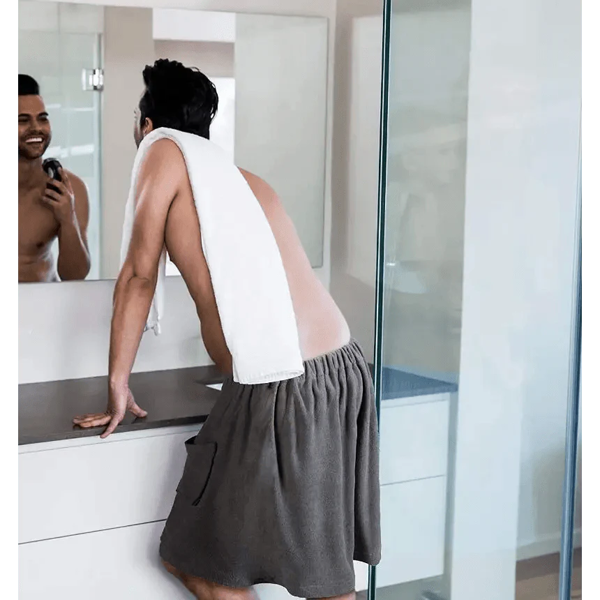 Men Plush Fleece Wrap Spa Gym Bath Wrap Solid Color Classy Design Bathrobes With Pocket Trendy Men's Bath Wrap