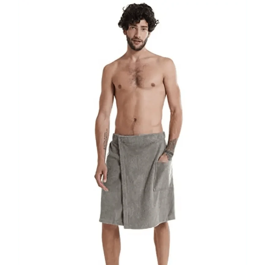 Men Plush Fleece Wrap Spa Gym Bath Wrap Solid Color Classy Design Bathrobes With Pocket Trendy Men's Bath Wrap