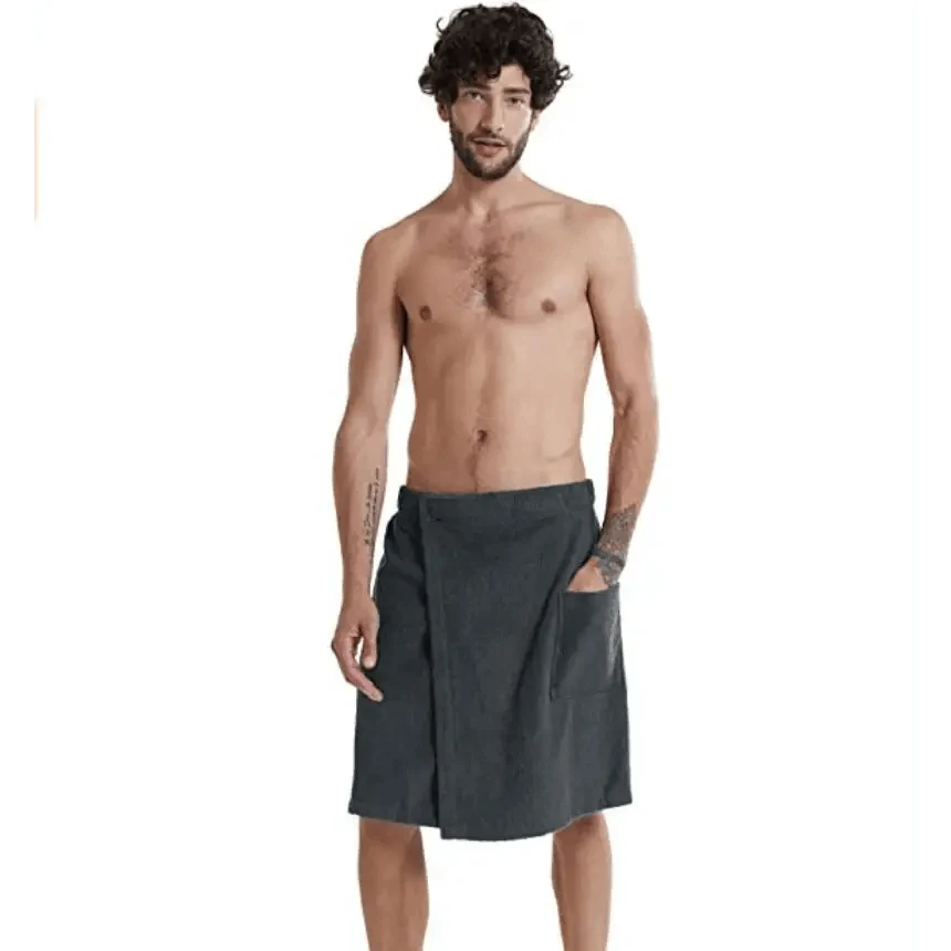 Men Plush Fleece Wrap Spa Gym Bath Wrap Solid Color Classy Design Bathrobes With Pocket Trendy Men's Bath Wrap