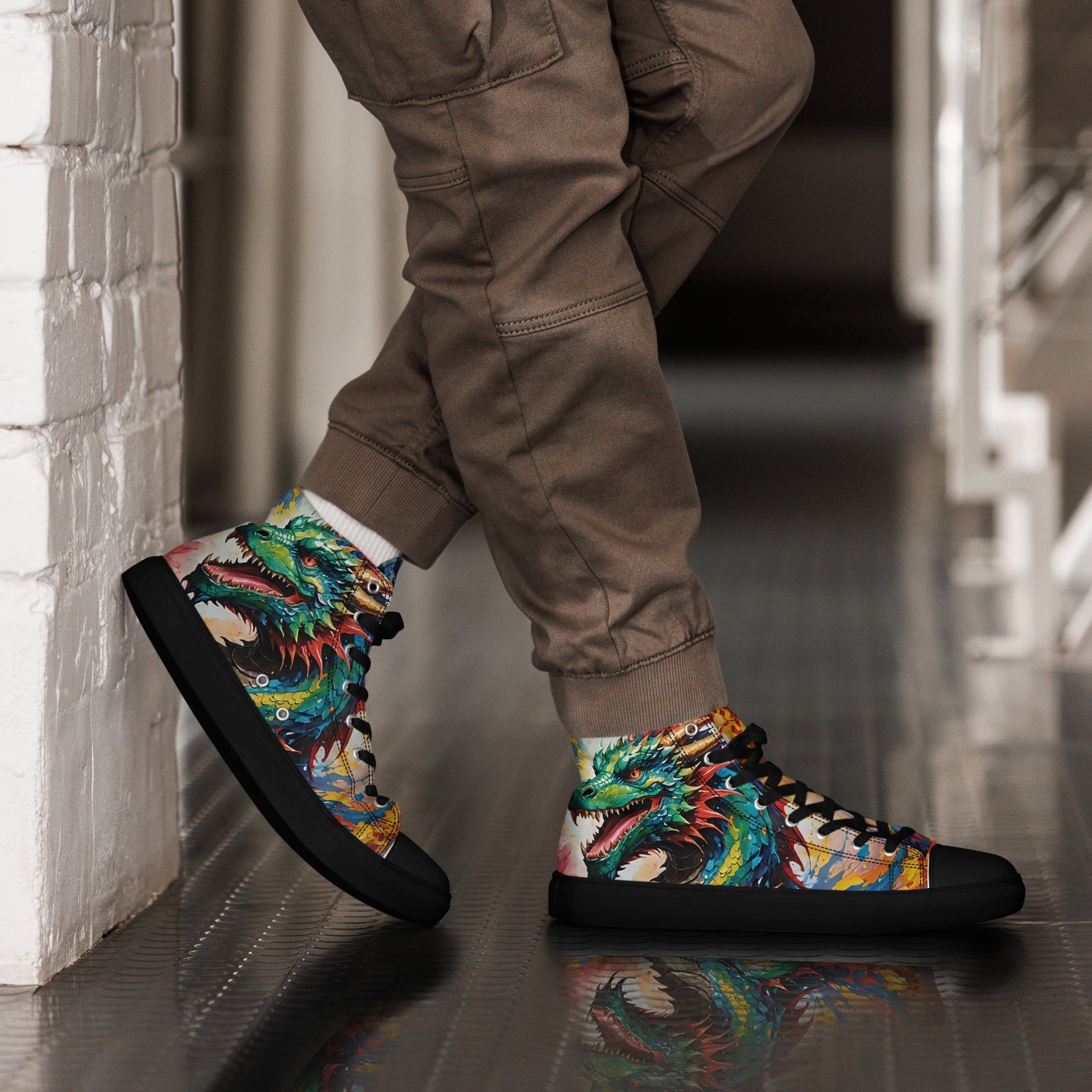 Person wearing high-top sneakers with dragon design in a modern interior setting