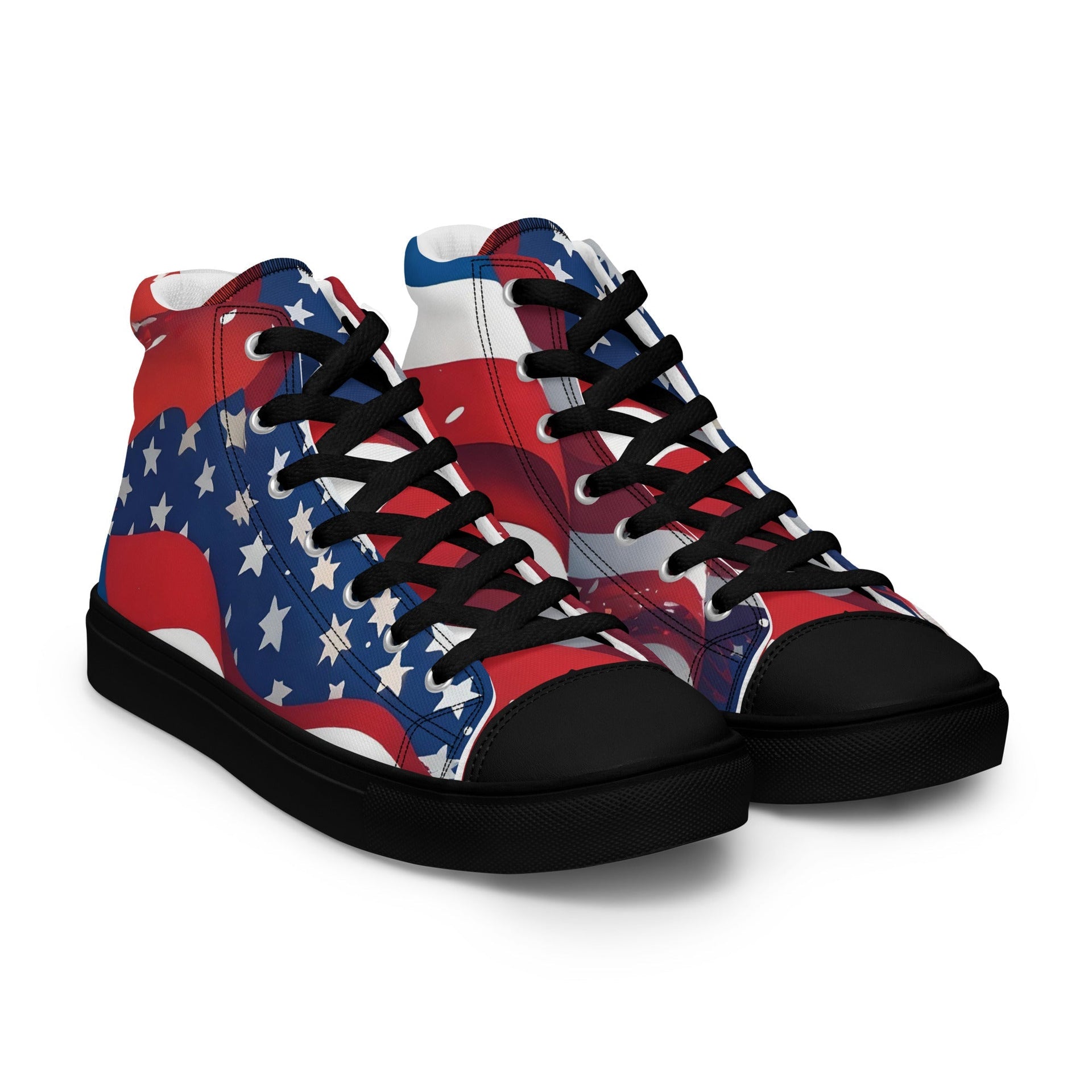 High-top sneakers with American flag design on a white background