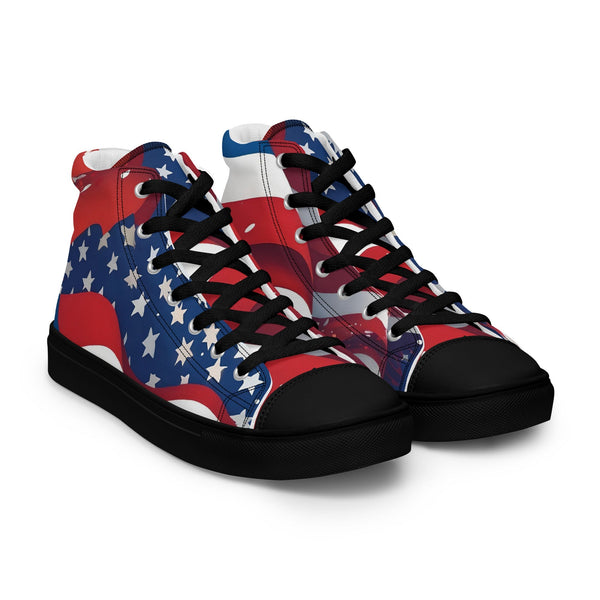 High-top sneakers with American flag design on a white background