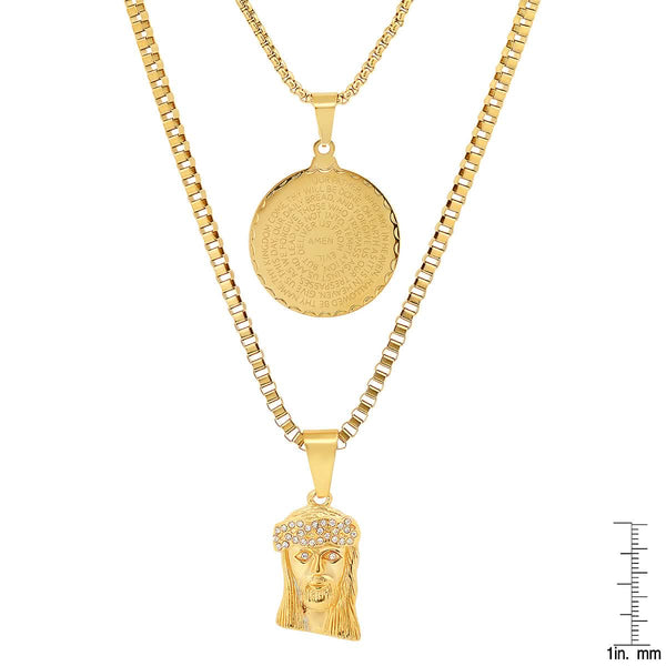 Men's Box Chain Double Row Pendant and Jesus Head Necklace