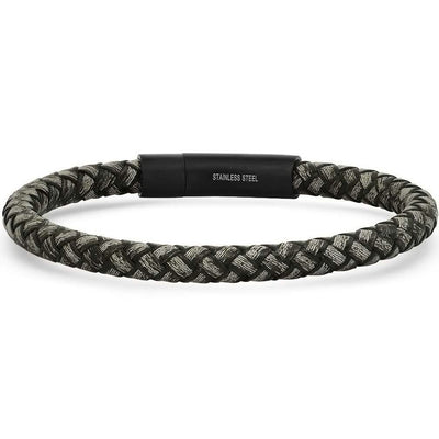 Men's Braided Black/Gray Leather and Black IP Stainless Steel Clasp Bracelet