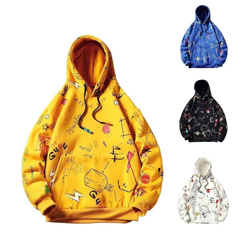 Mens Casual Hoodie Sweatshirt Vintage Yellow Painted Style Hip Hop Creativity Streetwear Men Hooded Sweatshirt Streetwear Loose Hoodies Letter Printing Hoody