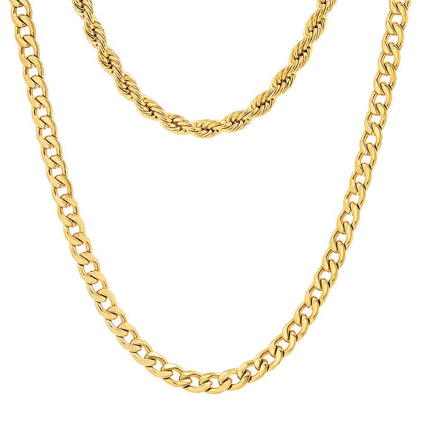 Men's Cuban and Rope Chain Double Row Necklace