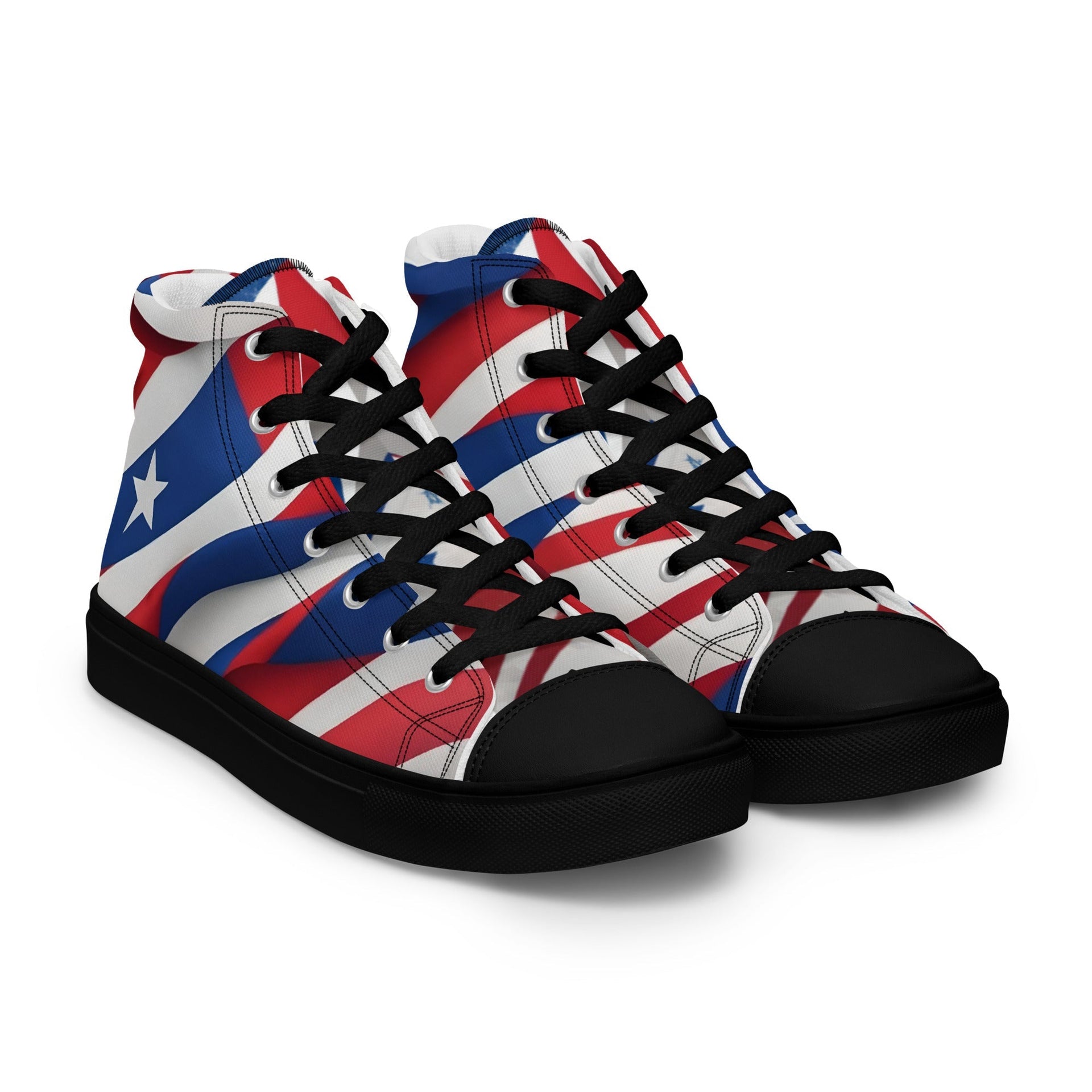 High-top sneakers with a colorful pattern on a white background