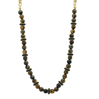 Men's Tiger Eye, Black Rubber and 18k Gold Plated Box Chain Necklace