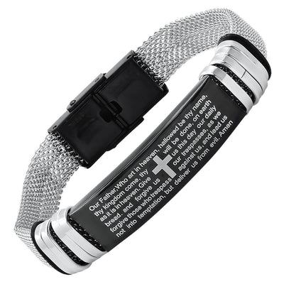 Men's Two Tone Stainless Steel and Black IP Our Father Prayer Mesh Bracelet