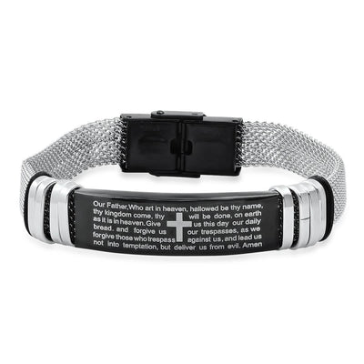 Men's Two Tone Stainless Steel and Black IP Our Father Prayer Mesh Bracelet