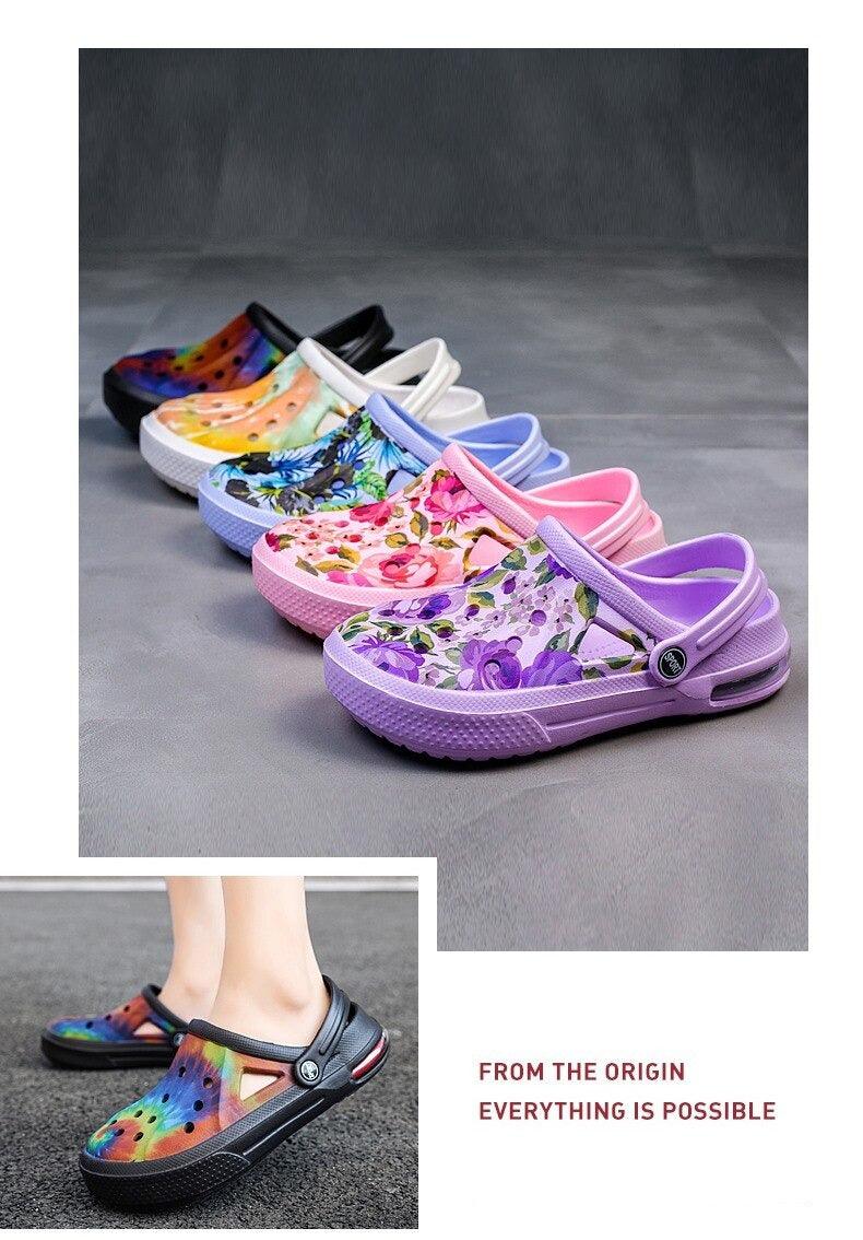 Mens Womens Sandals Hole Shoes Rubber Clogs Couple Garden Shoes Color Printing Air Cushion Beach Sandals Unisex Garden Clogs Lightweight Slip On Women Men Beach Sandals Water Shoes