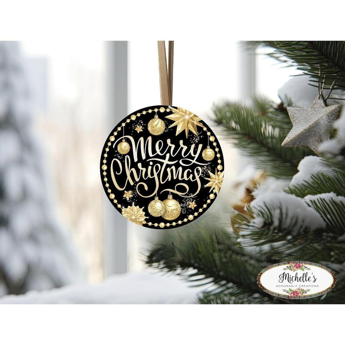 Merry Christmas Black Gold Round Sign