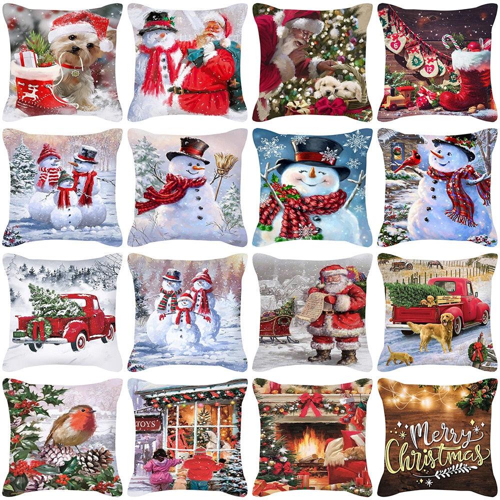 Merry Christmas Cushion Covers Snowman Christmas Santa Pillow Covers Santa Claus Pillow Covers Christmas Tree Santa Deer Printed Pillow Cover Home Decor Pillowcase For Couch 45X45CM