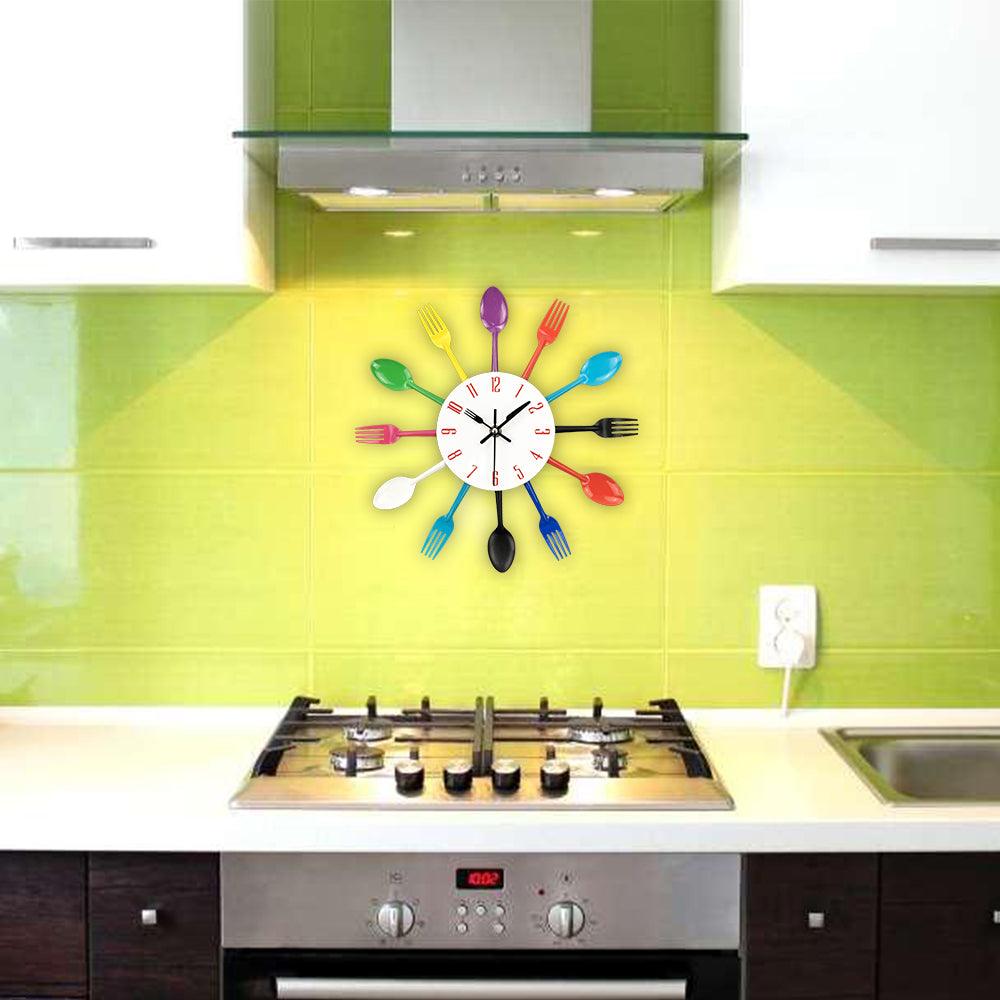 Metal Kitchen Wall Clock Creative  Kitchen Wall Clock 3D Modern Creative Kitchen Cutlery Spoon Fork Time Like Wall Clock Wall Sticker Room Home Decoration Quartz Wall Art Cutlery Mounted Clocks Modern Design Home Decorative