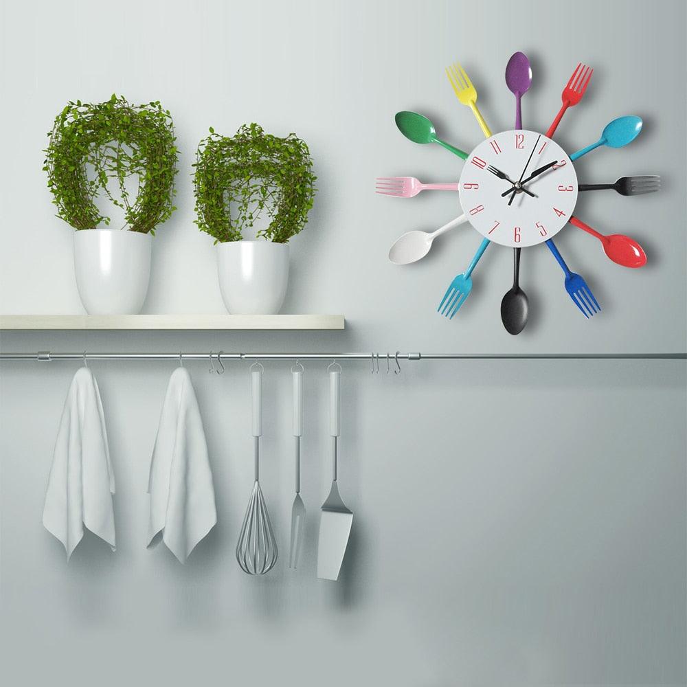 Metal Kitchen Wall Clock Creative  Kitchen Wall Clock 3D Modern Creative Kitchen Cutlery Spoon Fork Time Like Wall Clock Wall Sticker Room Home Decoration Quartz Wall Art Cutlery Mounted Clocks Modern Design Home Decorative