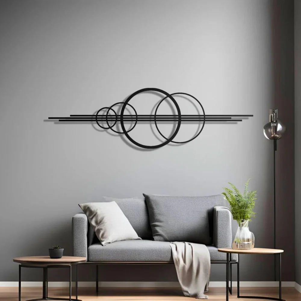 Metal Wall Art Black Geometric Circles Design Horizontal or Vertical Hanging