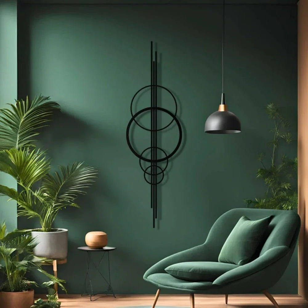 Metal Wall Art Black Geometric Circles Design Horizontal or Vertical Hanging