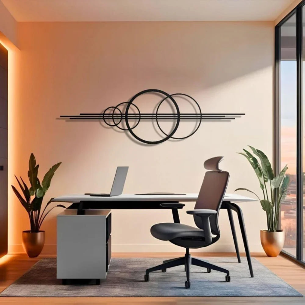 Metal Wall Art Black Geometric Circles Design Horizontal or Vertical Hanging