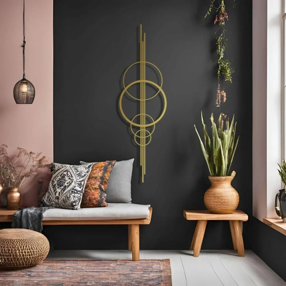 Metal Wall Art Black Geometric Circles Design Horizontal or Vertical Hanging