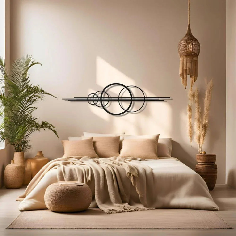 Metal Wall Art Black Geometric Circles Design Horizontal or Vertical Hanging
