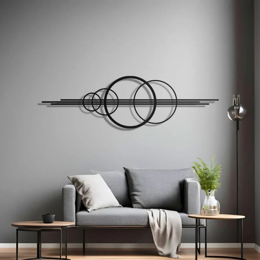 Metal Wall Art Black Geometric Circles Design Horizontal or Vertical Hanging