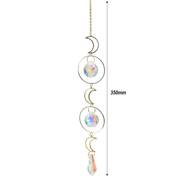 Metallic Hoop Moon Sun Catcher Hanging Crystal Pendant Chandelier Lamps Light Crystals Glass Pendants Light Rainbow Maker Wind Chime Hanging Drop Gift of Good Luck Garden Decor Hanging Ornament For Home Decoration