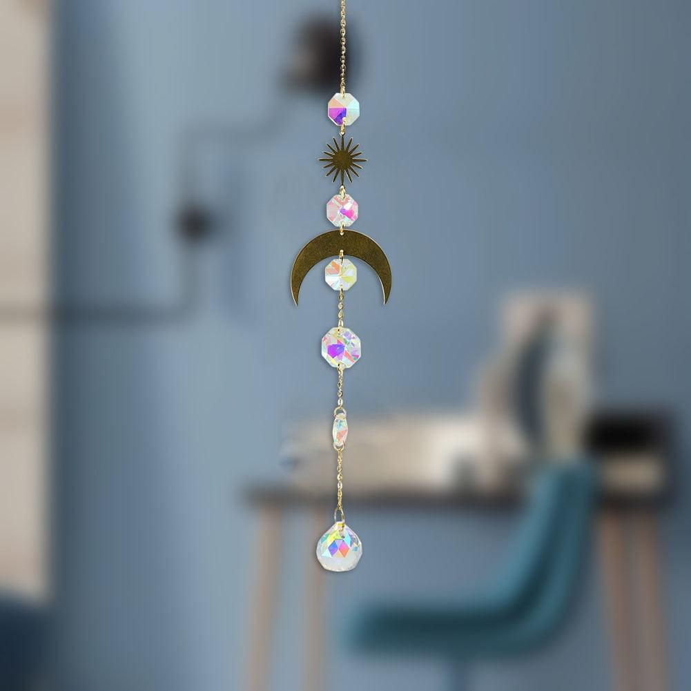 Metallic Hoop Moon Sun Catcher Hanging Crystal Pendant Chandelier Lamps Light Crystals Glass Pendants Light Rainbow Maker Wind Chime Hanging Drop Gift of Good Luck Garden Decor Hanging Ornament For Home Decoration