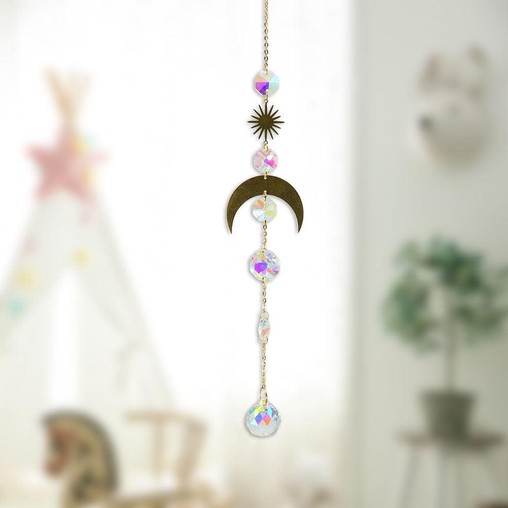 Metallic Hoop Moon Sun Catcher Hanging Crystal Pendant Chandelier Lamps Light Crystals Glass Pendants Light Rainbow Maker Wind Chime Hanging Drop Gift of Good Luck Garden Decor Hanging Ornament For Home Decoration