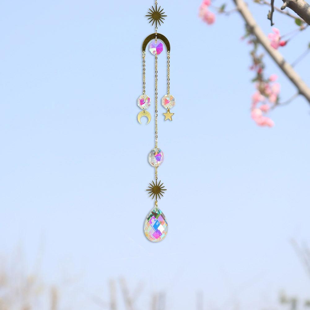 Metallic Hoop Moon Sun Catcher Hanging Crystal Pendant Chandelier Lamps Light Crystals Glass Pendants Light Rainbow Maker Wind Chime Hanging Drop Gift of Good Luck Garden Decor Hanging Ornament For Home Decoration